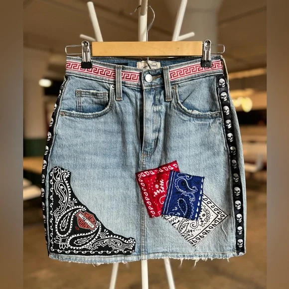 Harley Denim Patchwork Skirt with Bandana Accents - Picture 1 of 6